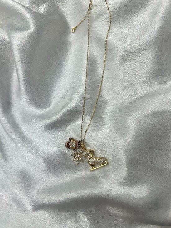 Accessories - Gold Tone Ice Skate Snowflake Charm Necklace Crystal Winter Jewelry